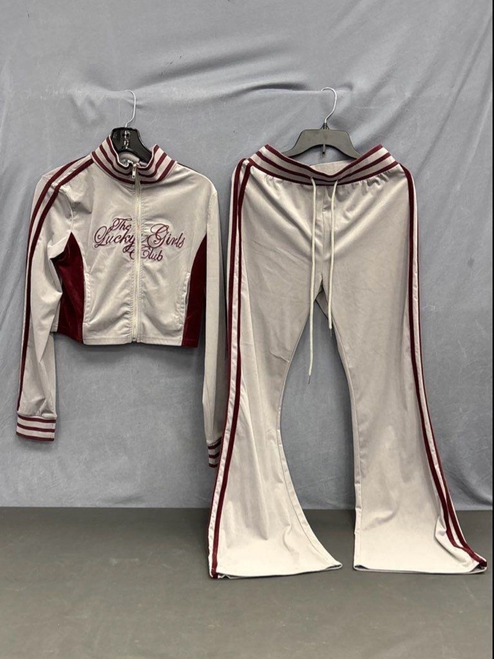 AKIRA Lucky Girls Club Y2K Track Set Crop Jacket Flare Pants Grey Burgundy L NWT